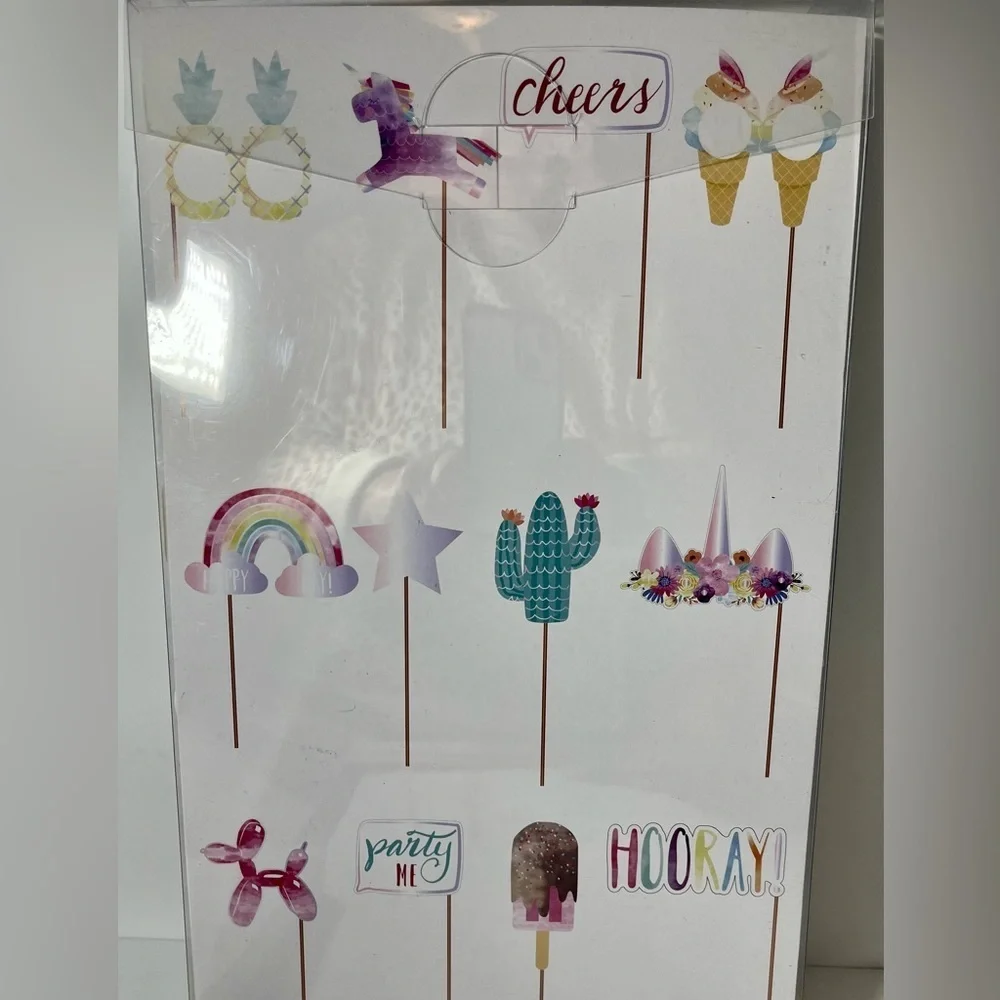 Pastel‎ Unicorn Party Decorations Picks Fans Photo Booth Tag Kit Stickers Stamp